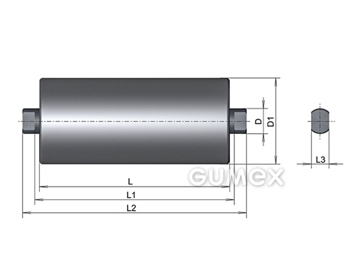 Váleček dopravníku, průměr 108mm, délka 200mm, hřídel o průměru 20mm, délka hřídele 228mm, oba konce 14mm, ocel, červený